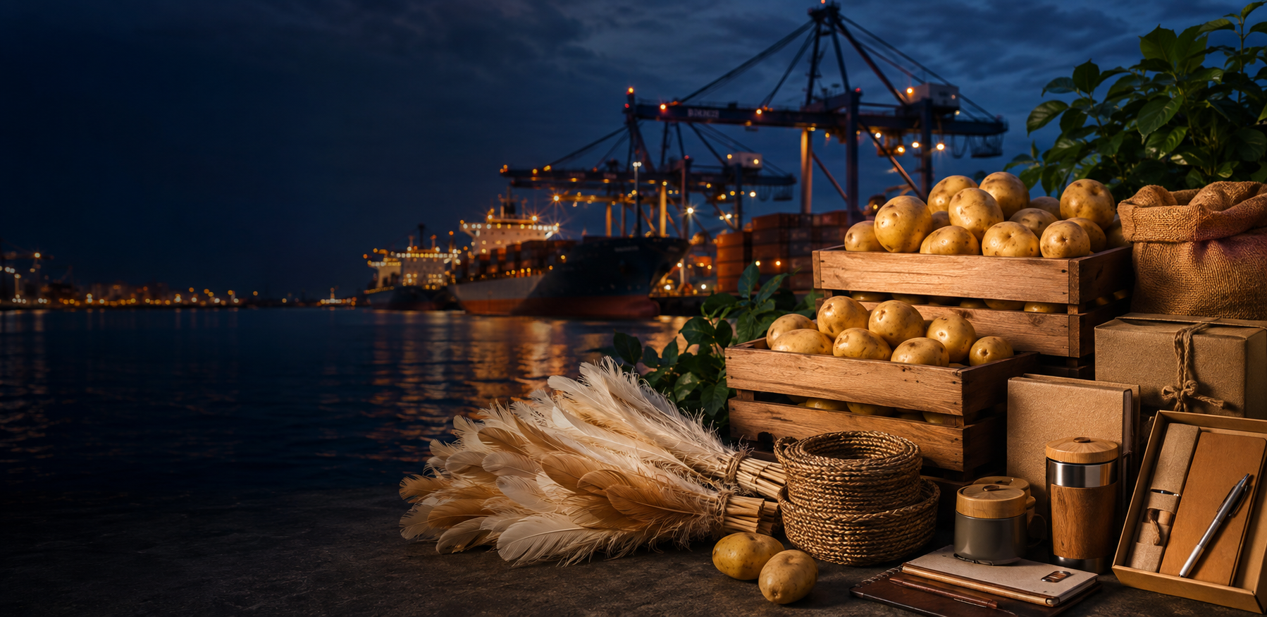 Fresh potatoes, duck feather, eco-friendly recycled goods and gift items beside an international shipping port