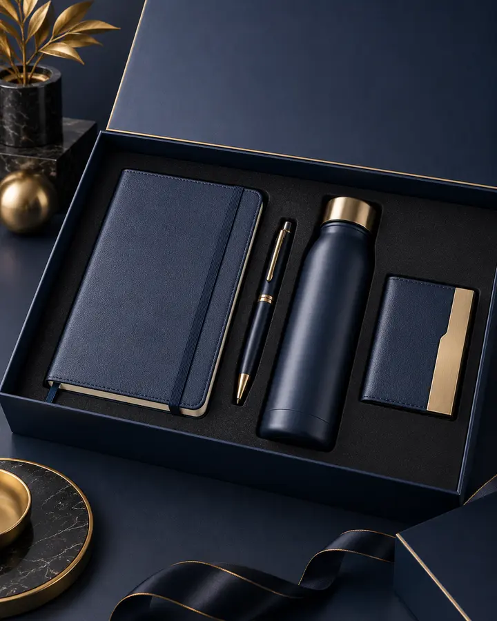 Executive corporate gift set with notebook, pen, bottle and card holder