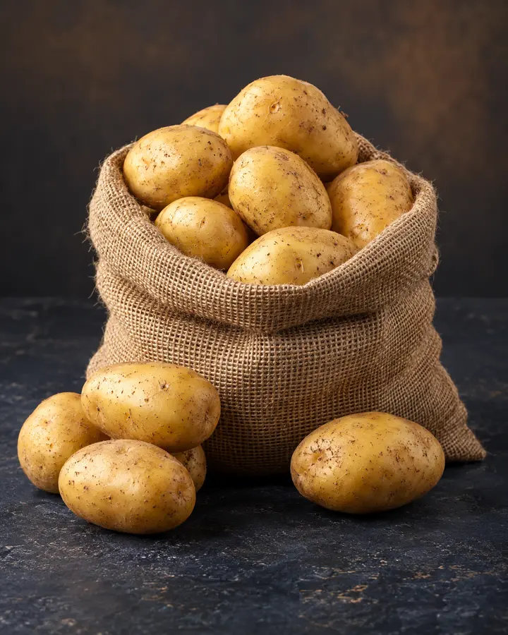 Fresh export-quality potatoes in a natural jute sack